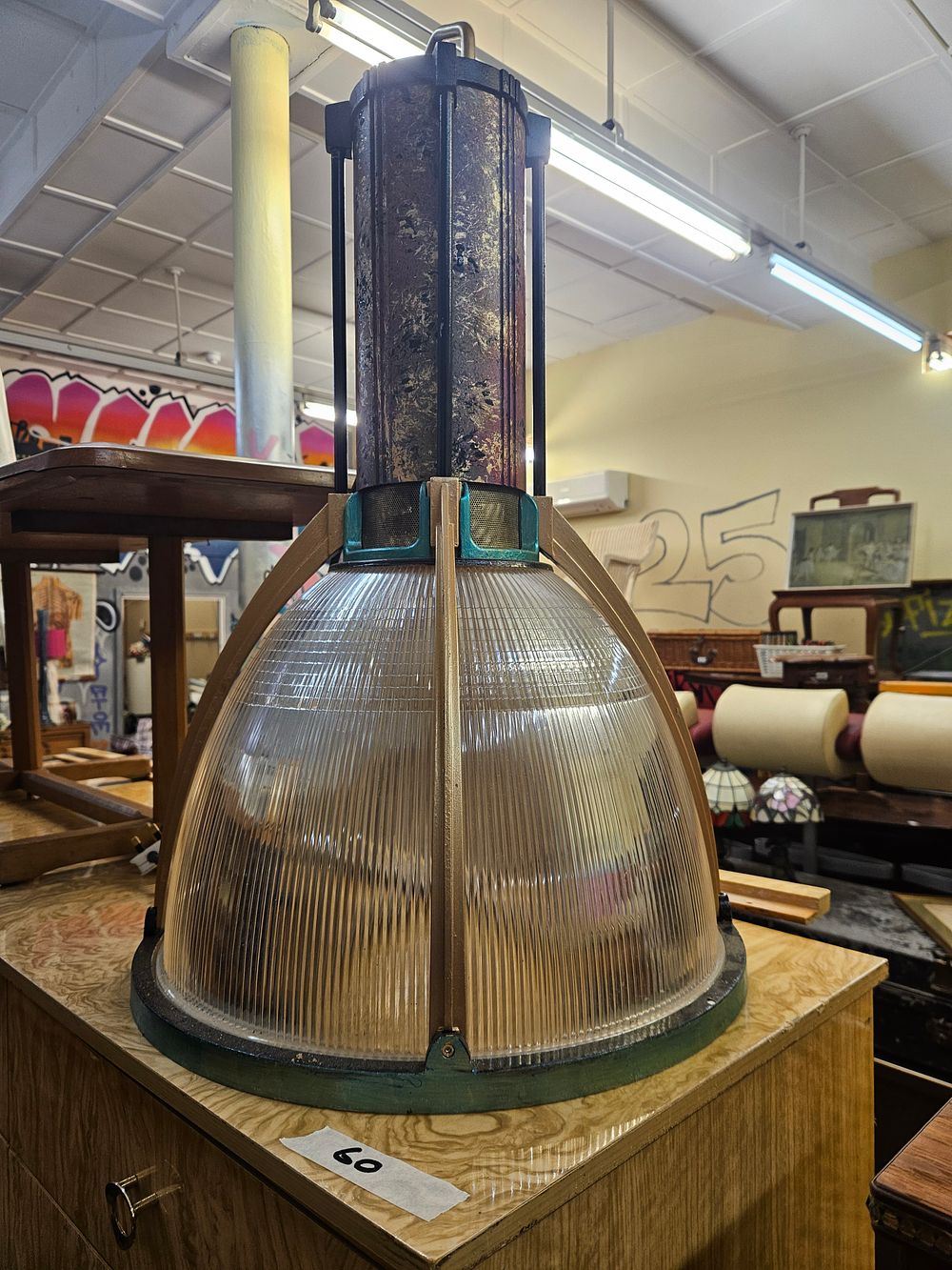 Lot 285 – Large Industrial Style Holophane Type Ribbed Glass Table Lamp