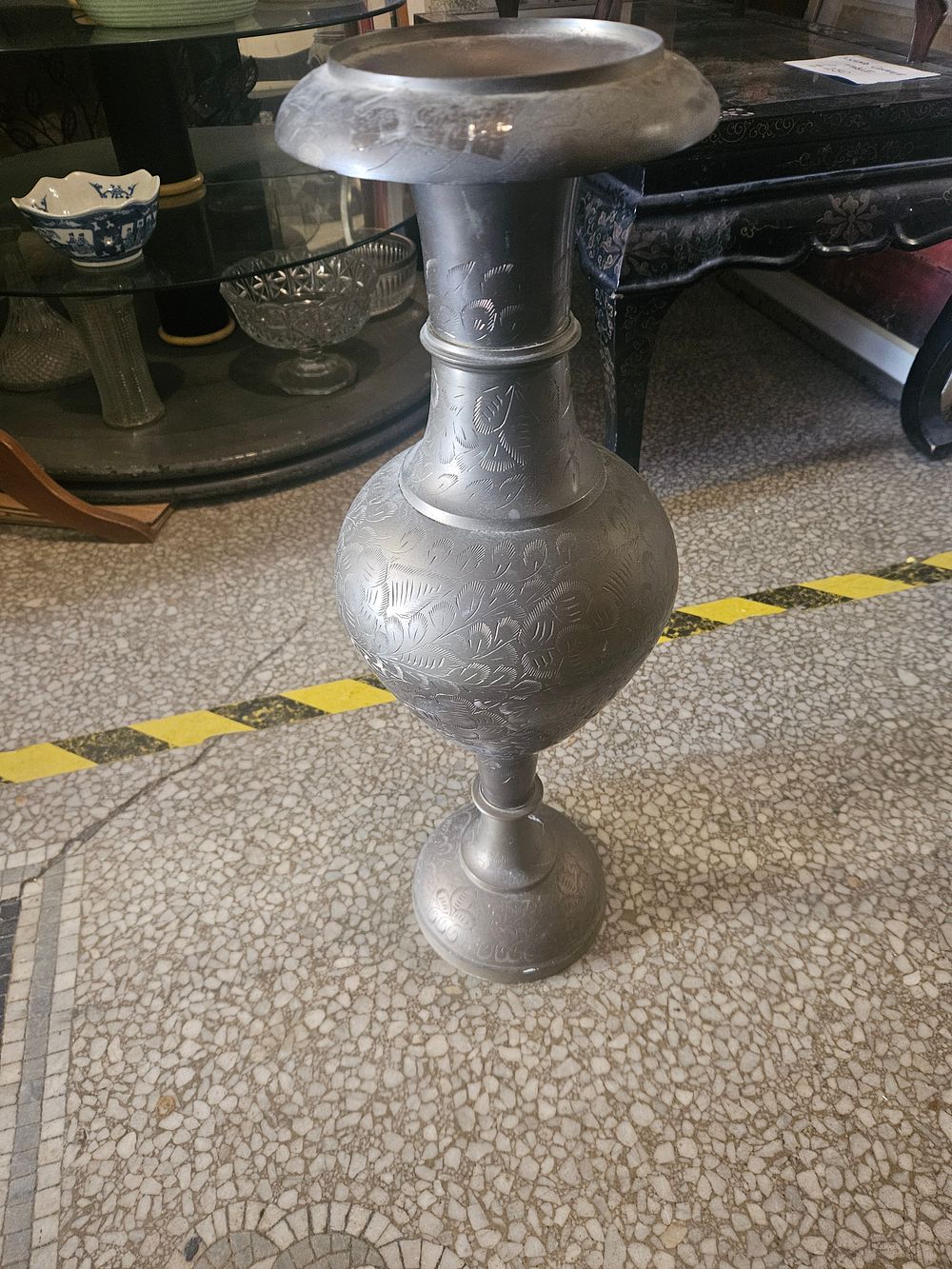 Lot 300c – Large Indo-Persian Style Hand-Chased White Metal Baluster Vase