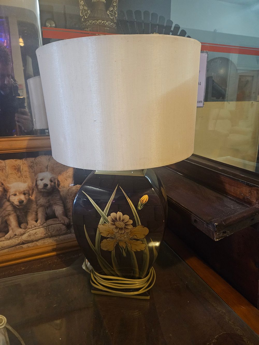 Lot 300d – A Glazed Ceramic Table Lamp with Floral Decoration and Fabric Shade