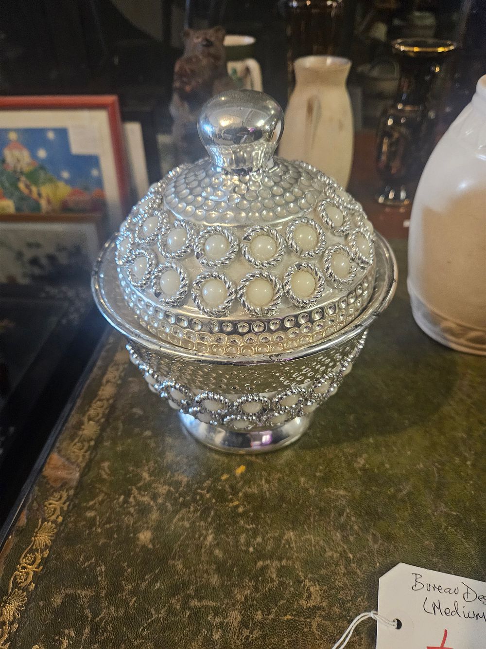 Lot 300o – A Contemporary Silver-Tone Metal and Faux Pearl Inset Lidded Jar