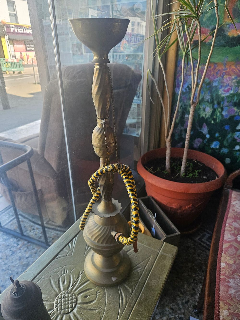 Lot 301b – A Vintage Brass Hookah on Embossed Square Stand
