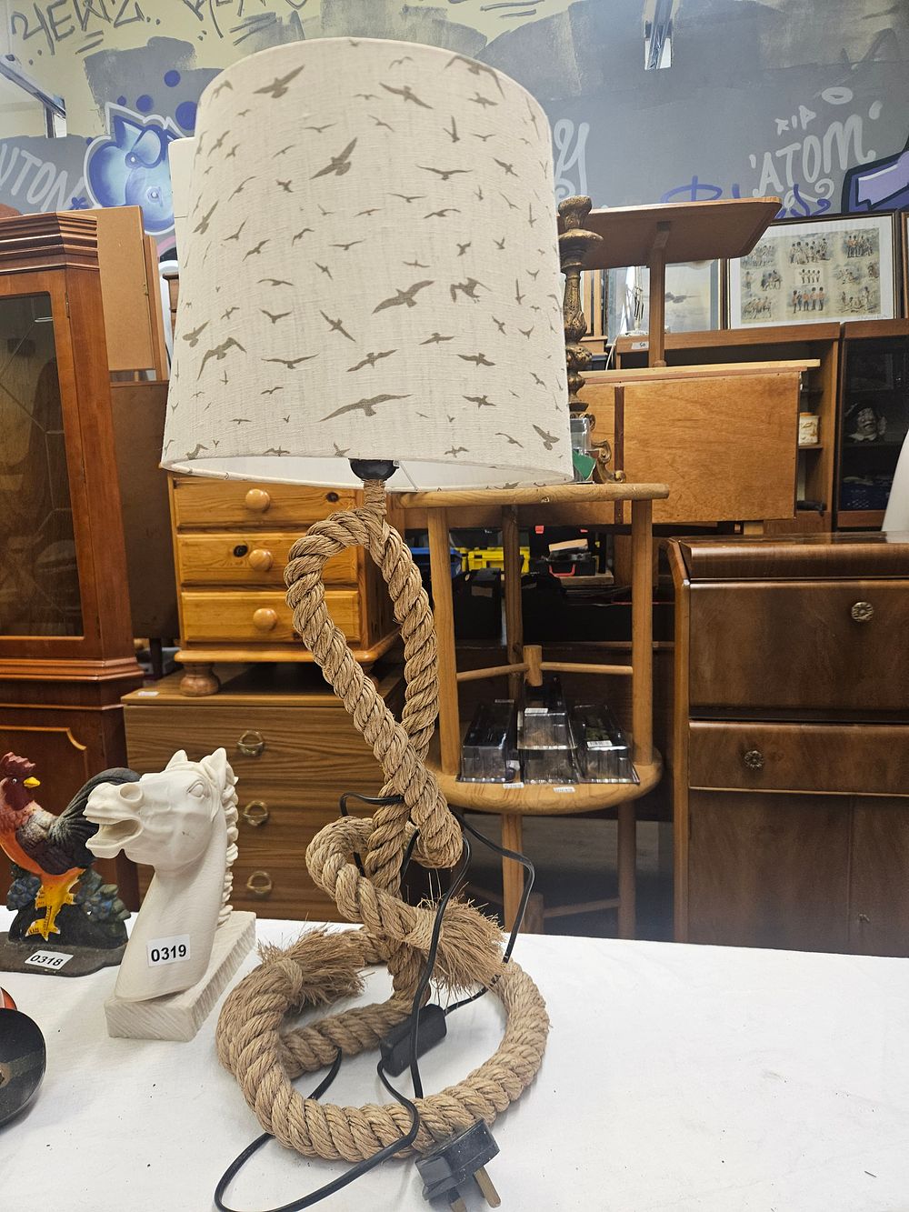 Lot 320 – A Contemporary Nautical Style Rope Table Lamp with Bird Pattern Shade