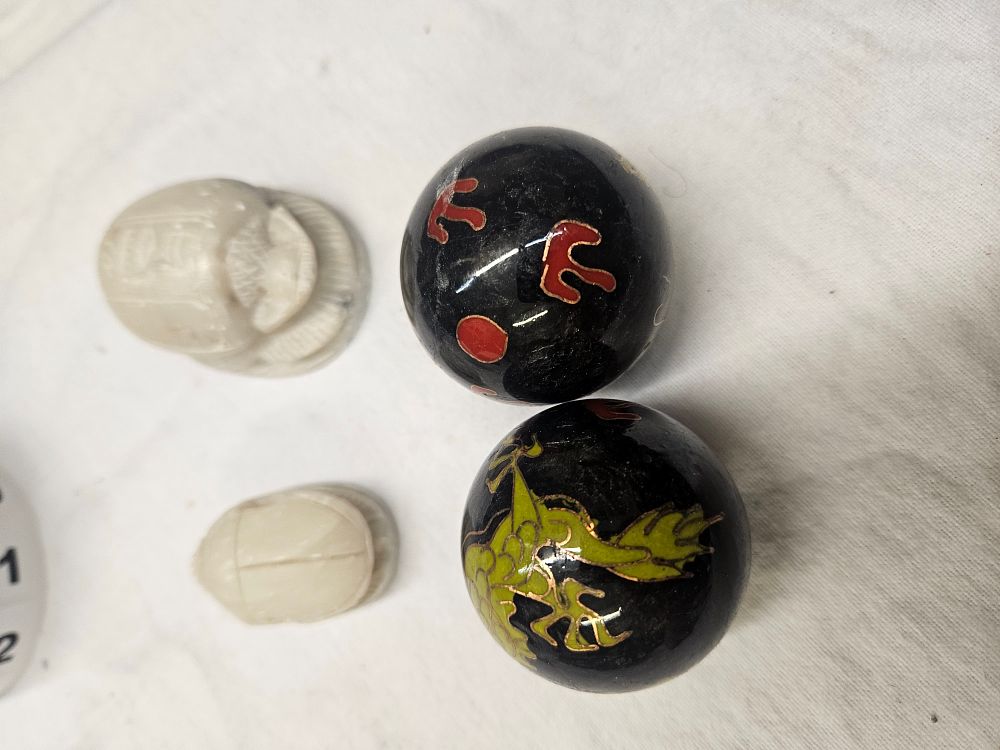 Lot 321 – A Group of Decorative Items Including Chinese Cloisonné Baoding Balls and Carved Scarabs