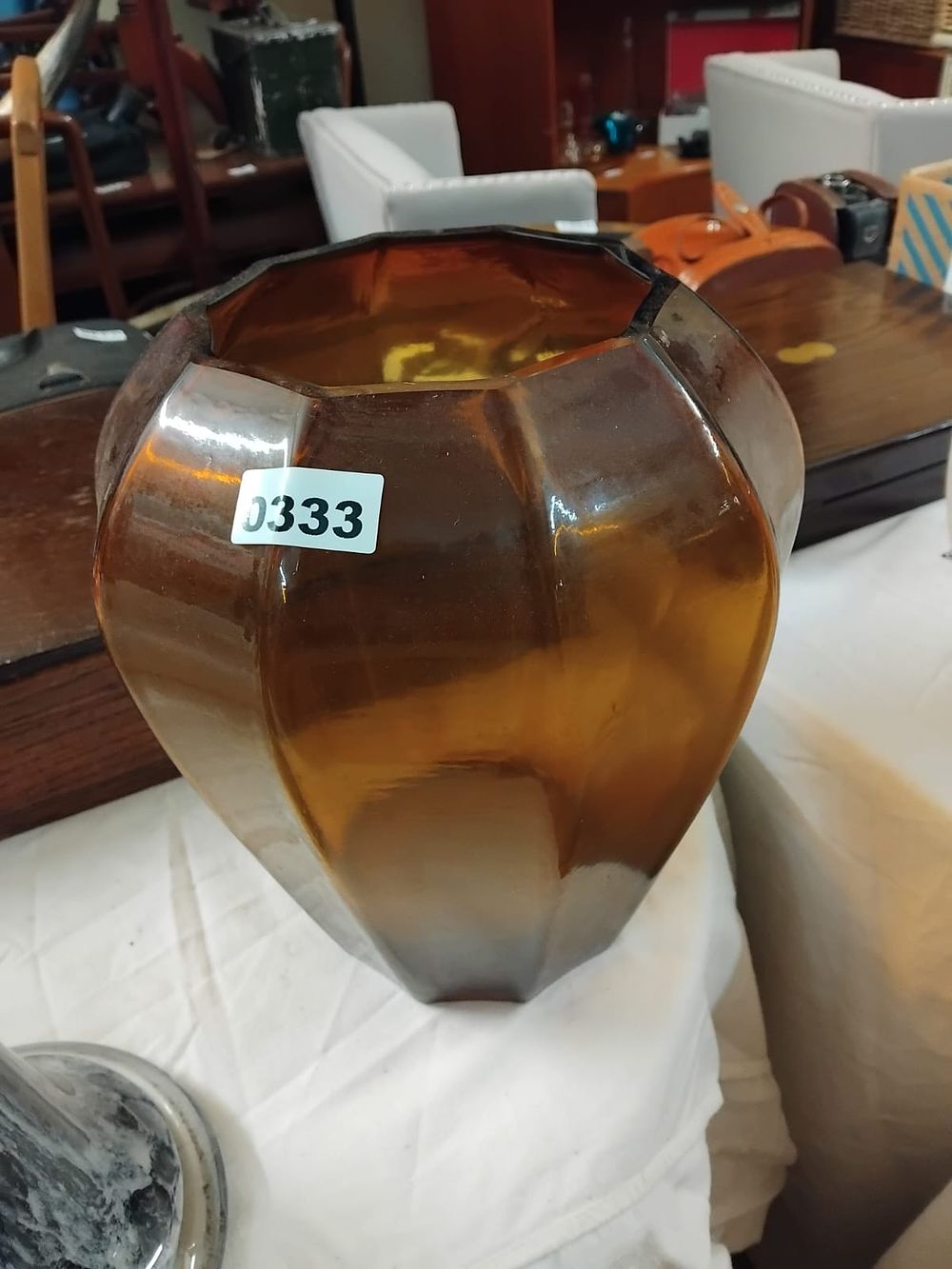Lot 333 – An Art Deco Style Faceted Amber Glass Vase Attributed to Moser