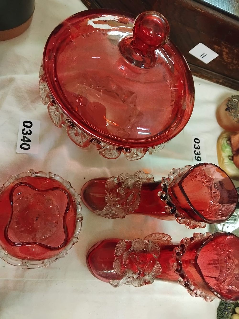 Lot 340 – A Collection of Victorian Cranberry Glass with Applied Clear Glass Decoration