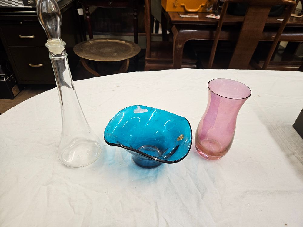 Lot 378 – A Trio of Assorted Mid-Century Style Art Glass Items including a Turquoise Blue Bowl and a Clear Decanter