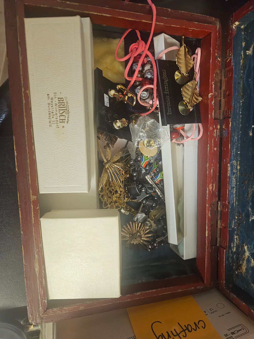 Lot 403 – An Assortment of Vintage Costume Jewellery and Presentation Boxes in a Red Stained Wooden Box