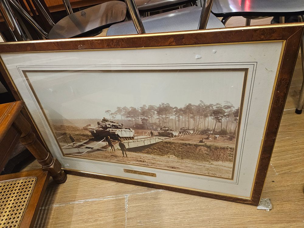 Lot 174 – Thompson Defence Products Ltd. Framed Colour Print Depicting a Challenger 1 Tank and BR90 General Support Bridge