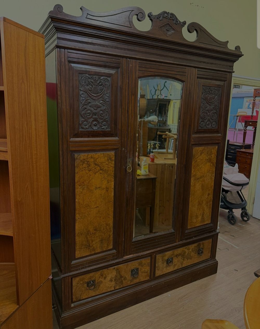 Lot 208 – Late Victorian Carved Walnut and Burr Walnut Triple Wardrobe
