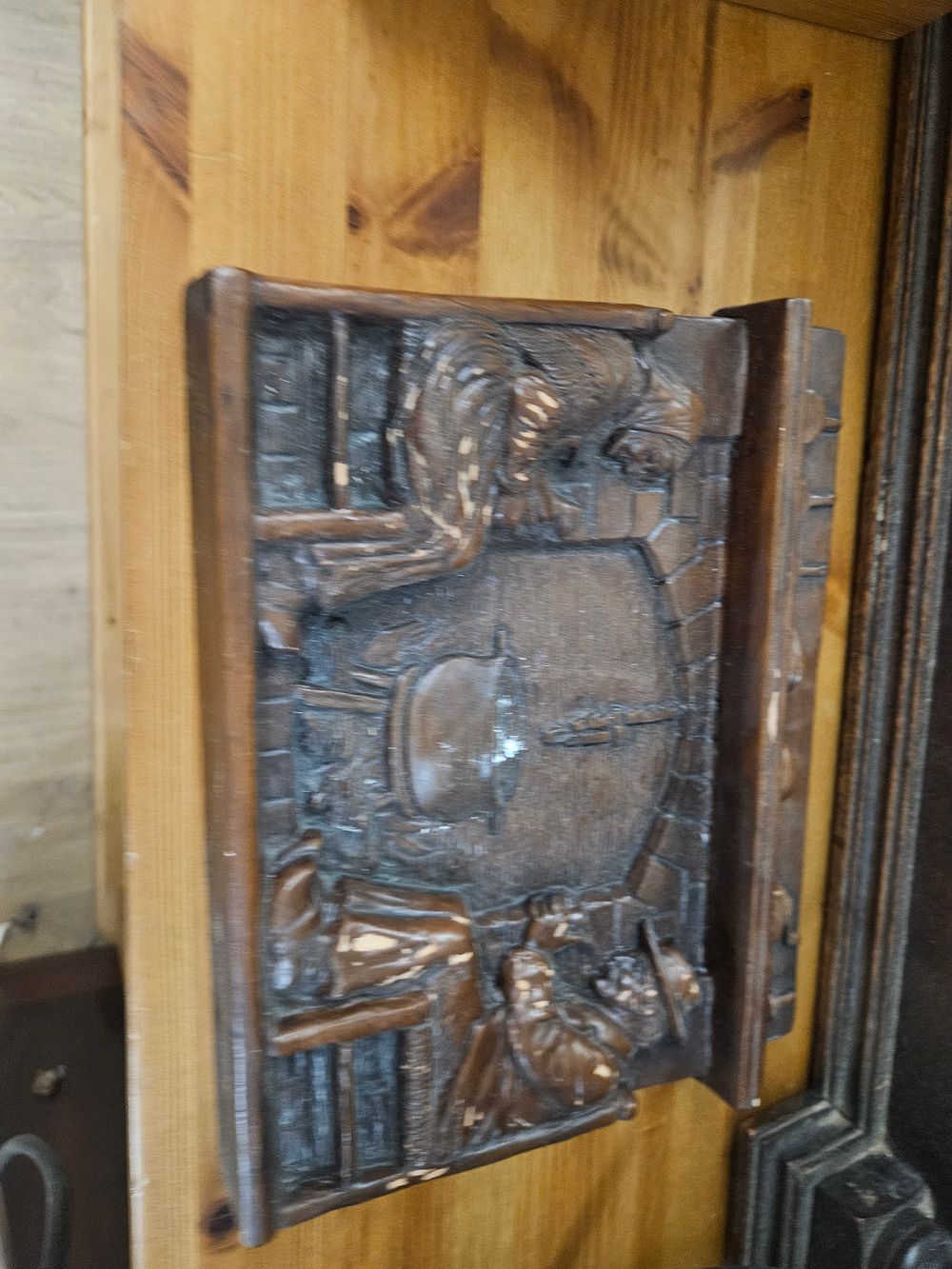 Lot 259 – Victorian Style Relief Carved Wood Plaque Depicting a Hearth Scene