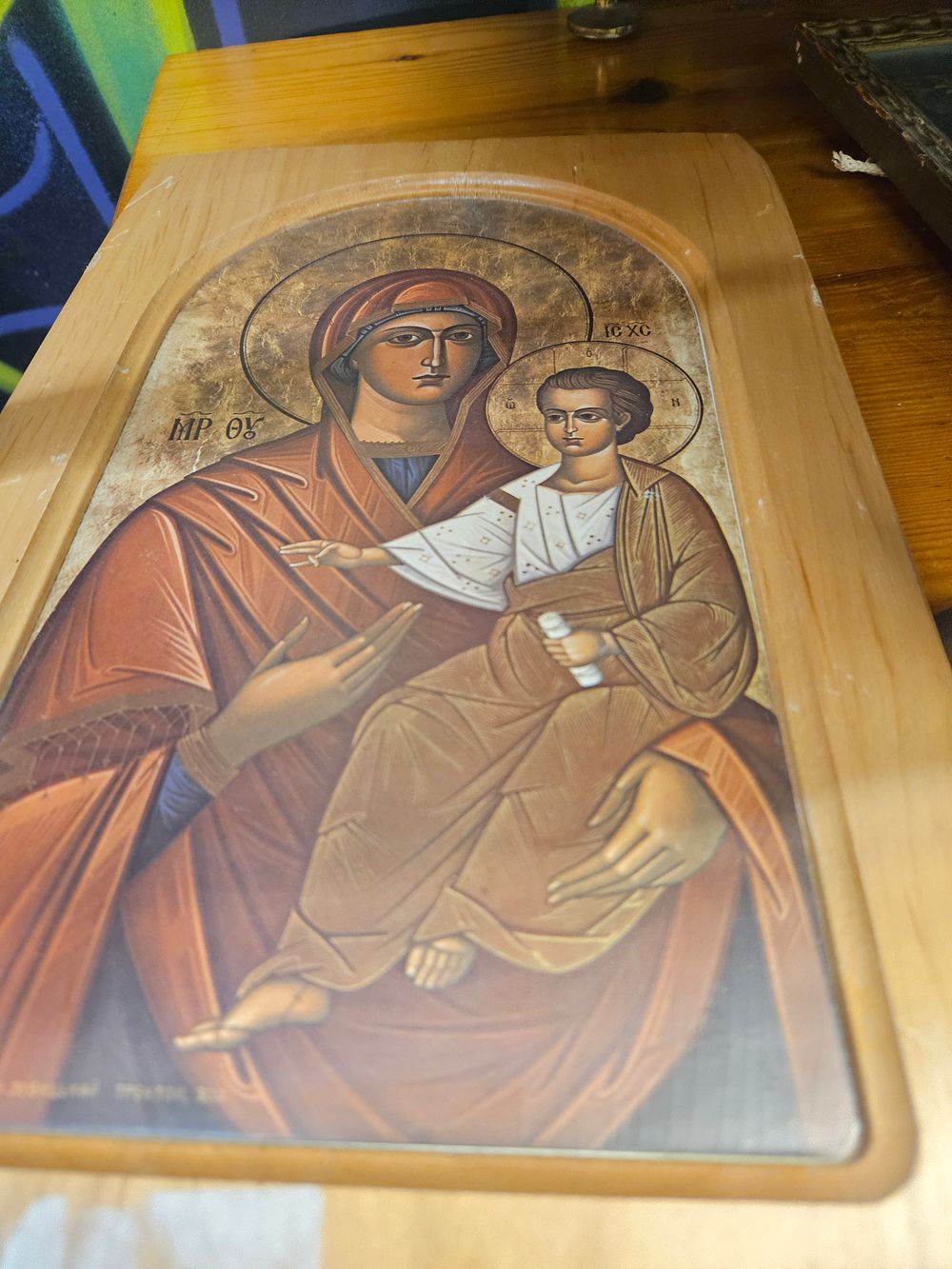 Lot 295 – A Modern Printed Icon of the Mother of God Hodegetria on Wood