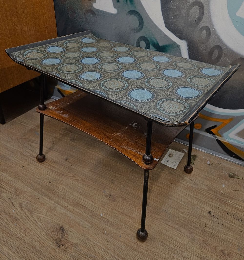 Lot 307 – Mid-Century Modern Two-Tier Side Table with Patterned Laminate Top