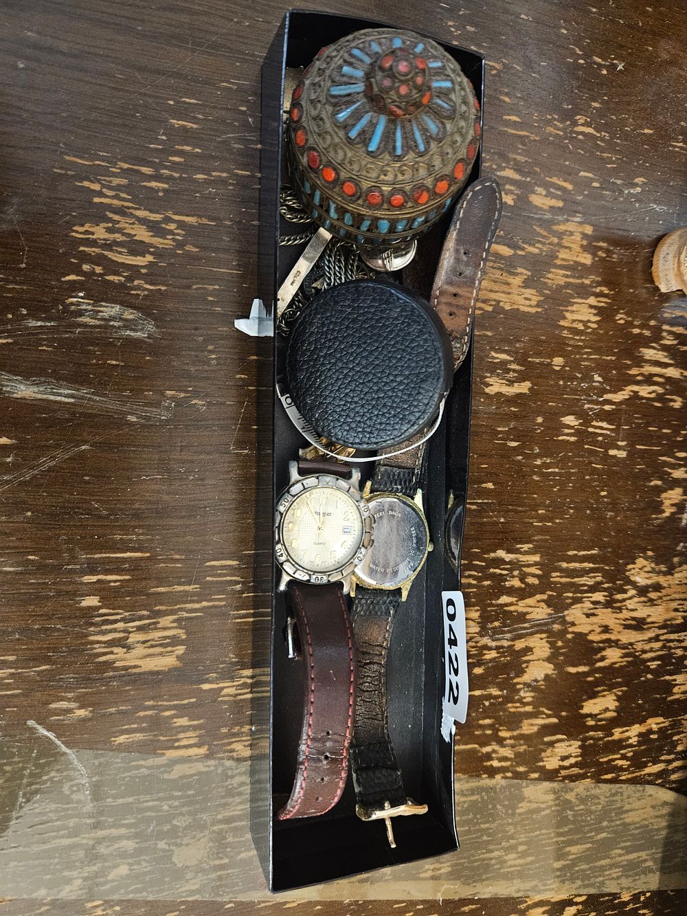 Lot 327 – An Assortment of Personal Items including Two Wristwatches, a Tibetan Style Box and a Sterling Silver Chain