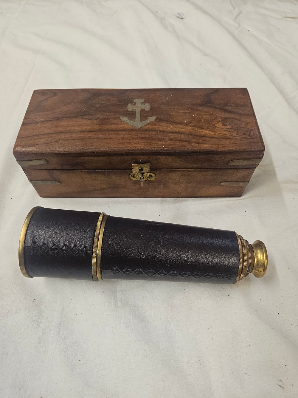 Lot 159 – A Nautical Style Brass and Leather Telescope with Inlaid Wooden Box