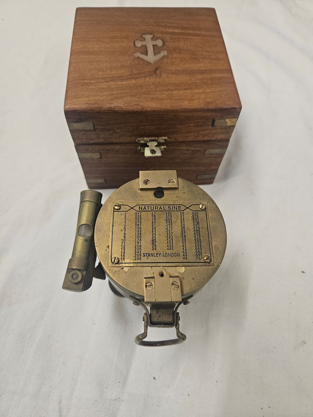 Lot 160 – Brass Natural Sine Compass Marked Stanley London in an Inlaid Wooden Box