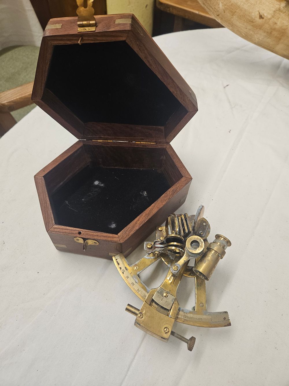 Lot 161 – Miniature Brass Nautical Sextant in the Style of Kelvin & Hughes with Fitted Hexagonal Wooden Case