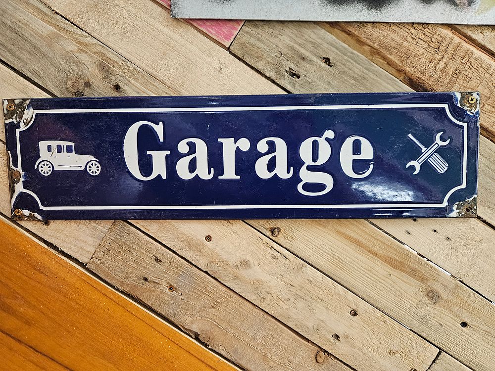 Lot 186 – Vintage-Style Cobalt Blue and White Enamel Garage Wall Sign with Automotive Motifs reproduction