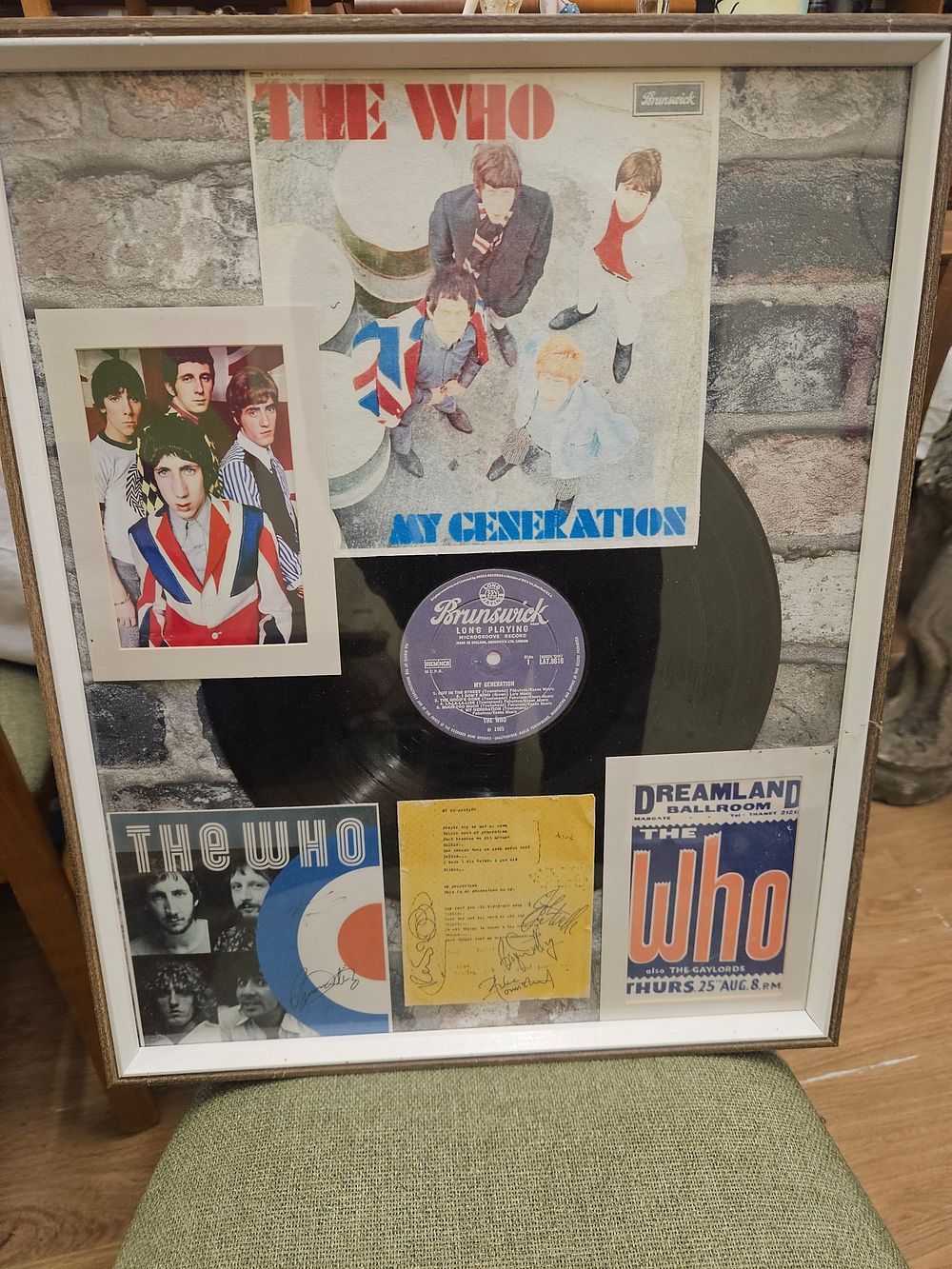 Lot 196 – A Framed Collection of The Who Memorabilia Including a My Generation Vinyl LP reproduction