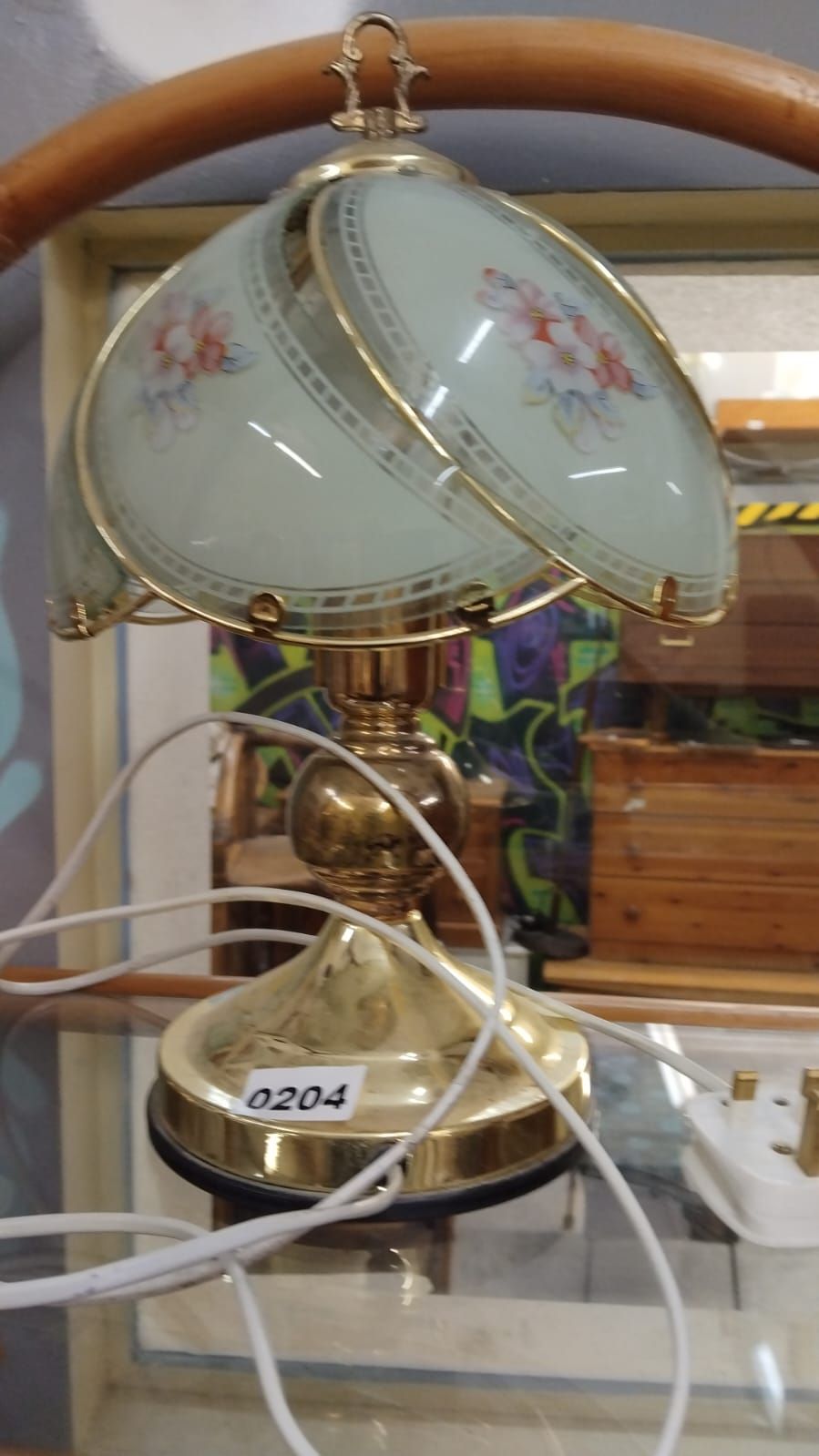 Lot 204 – Vintage Brass-Plated Floral Glass Panel Touch Lamp