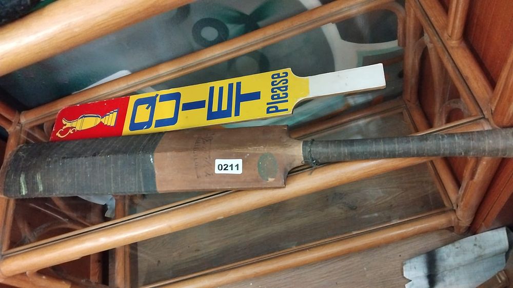 Lot 211 – Two Cricket Related Items comprising a Vintage Wooden Bat and a Novelty Quiet Please Sign