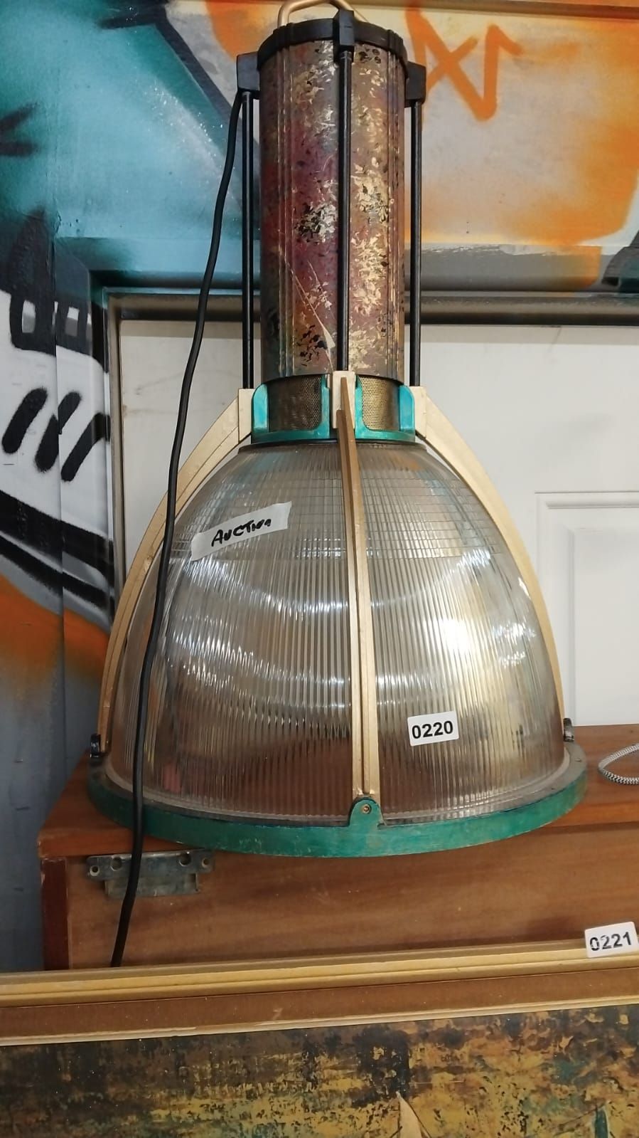 Lot 220 – Large Industrial Pendant Light in the Style of Holophane with Prismatic Glass Shade