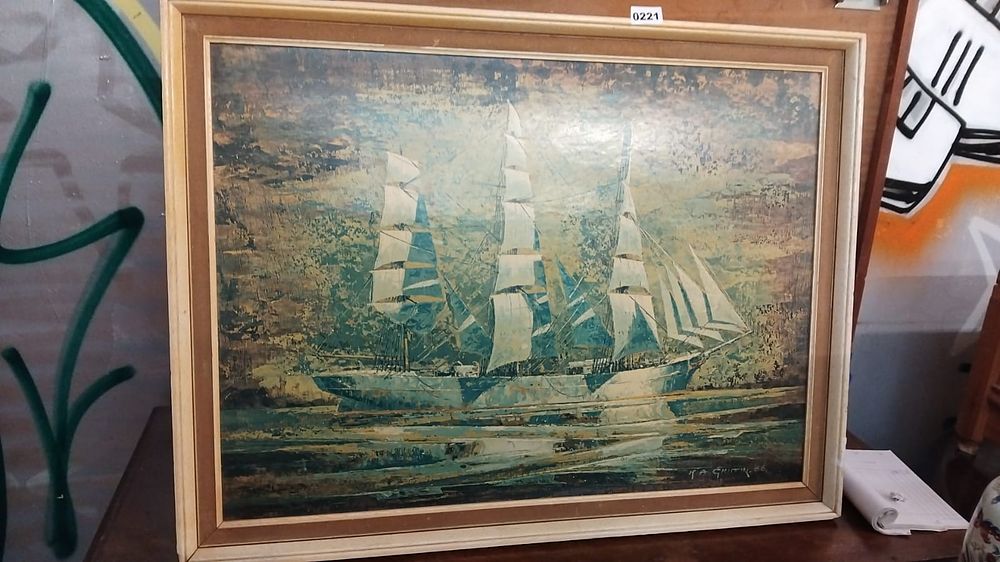 Lot 221 – T.A. Griffin, Three-Masted Sailing Ship at Sea, Oil on Board, dated 1966