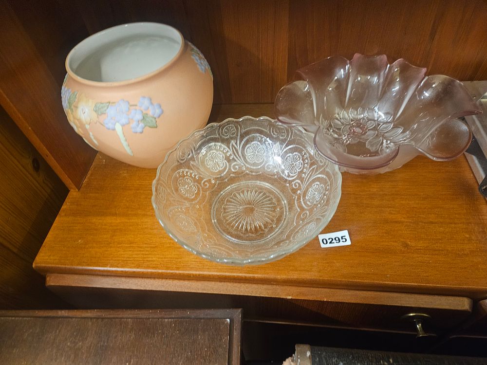 Lot 295 – A Trio of Mid-20th Century Decorative Items Including a Ceramic Floral Vase and Two Glass Bowls