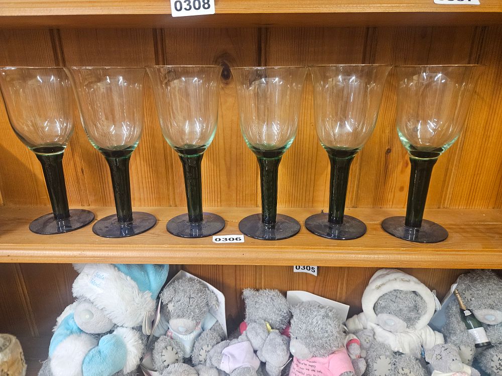 Lot 306 – A Set of Six Hock Wine Glasses with Green Stems