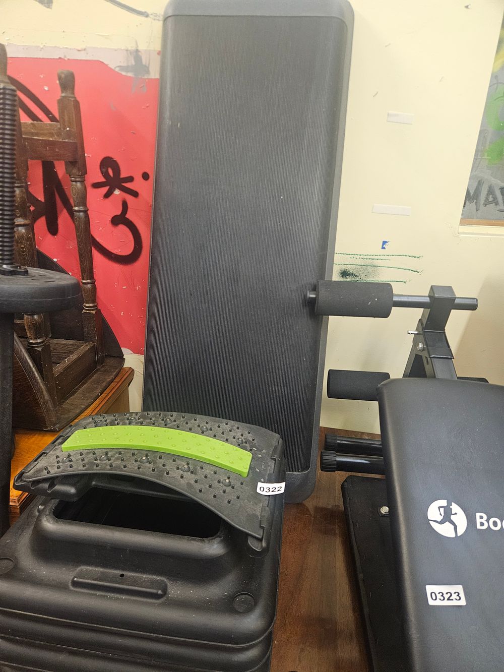Lot 322 – An Assortment of Home Gym and Exercise Equipment Including a Nordic Curl Style Bench and Aerobic Step