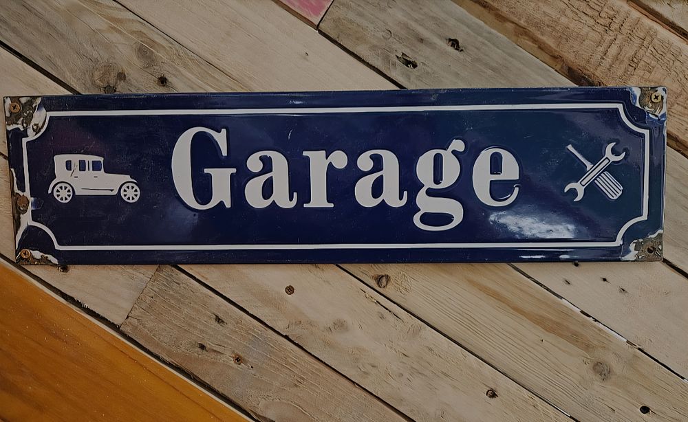 Lot 150f – Vintage Style Enamel Garage Sign with Motor Car and Crossed Tools reproduction