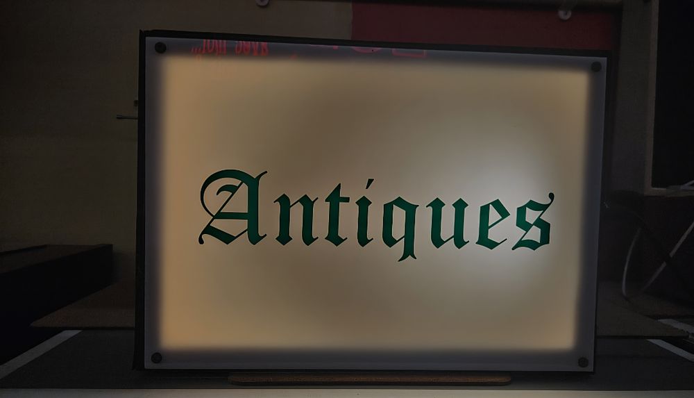 Lot 150h – Illuminated Composite and Acrylic Antiques Sign with Gothic Script