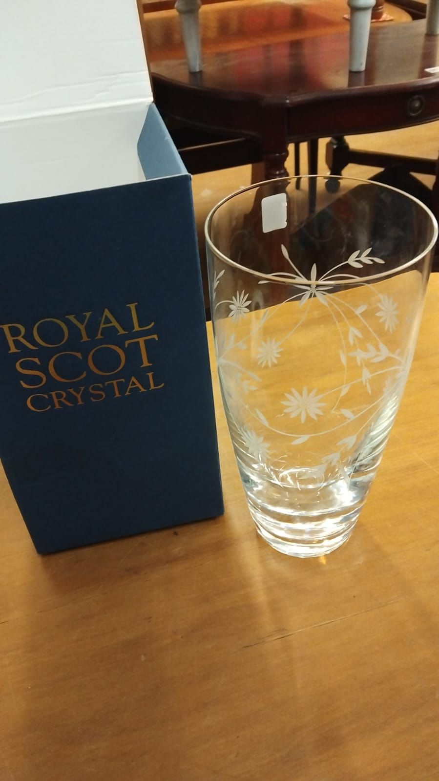 Lot 158 – A Royal Scot Crystal Daisy Pattern Etched Glass Vase with Original Box