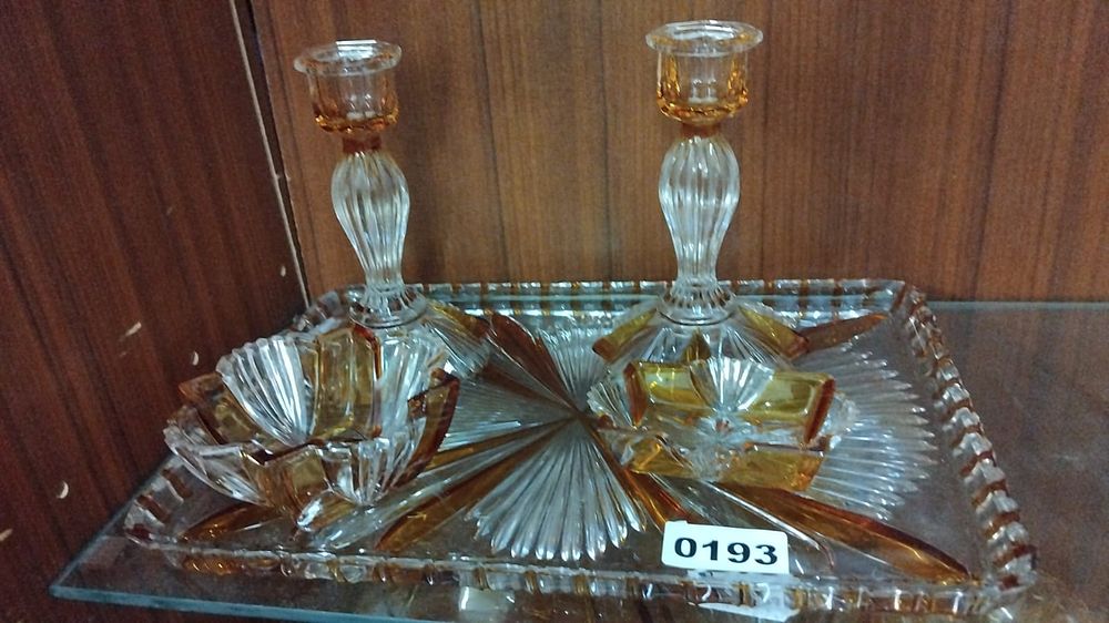 Lot 193 – An Art Deco Style Clear and Amber Stained Pressed Glass Dressing Table Set