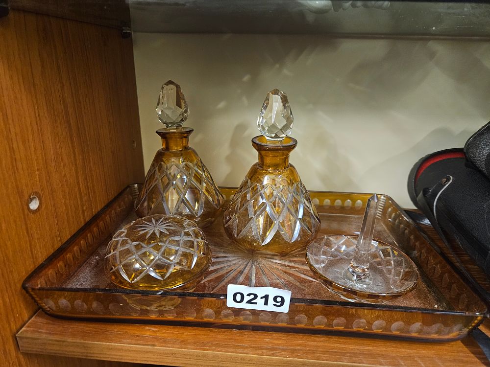 Lot 219 – A Set of Amber Cut Crystal Dressing Table Items attributed to Val Saint Lambert