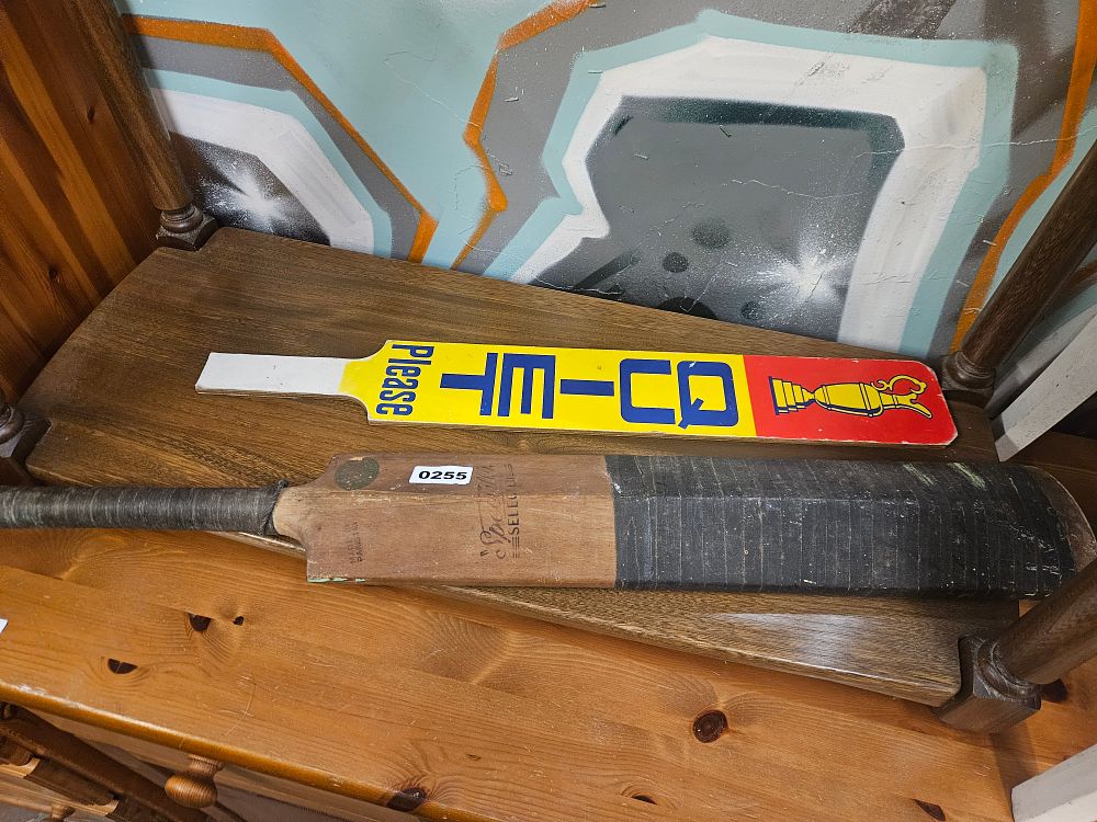 Lot 255 – Two Cricket Items Comprising a Special Selected Wooden Bat and a Novelty Bat-Shaped Sign