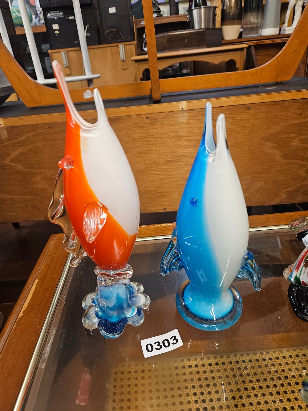 Lot 303 – A Pair of Vintage Cased Art Glass Marlin Fish Figurines