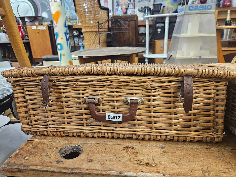 Lot 307 – A Large Vintage Wicker Picnic Hamper with Leatherette Straps