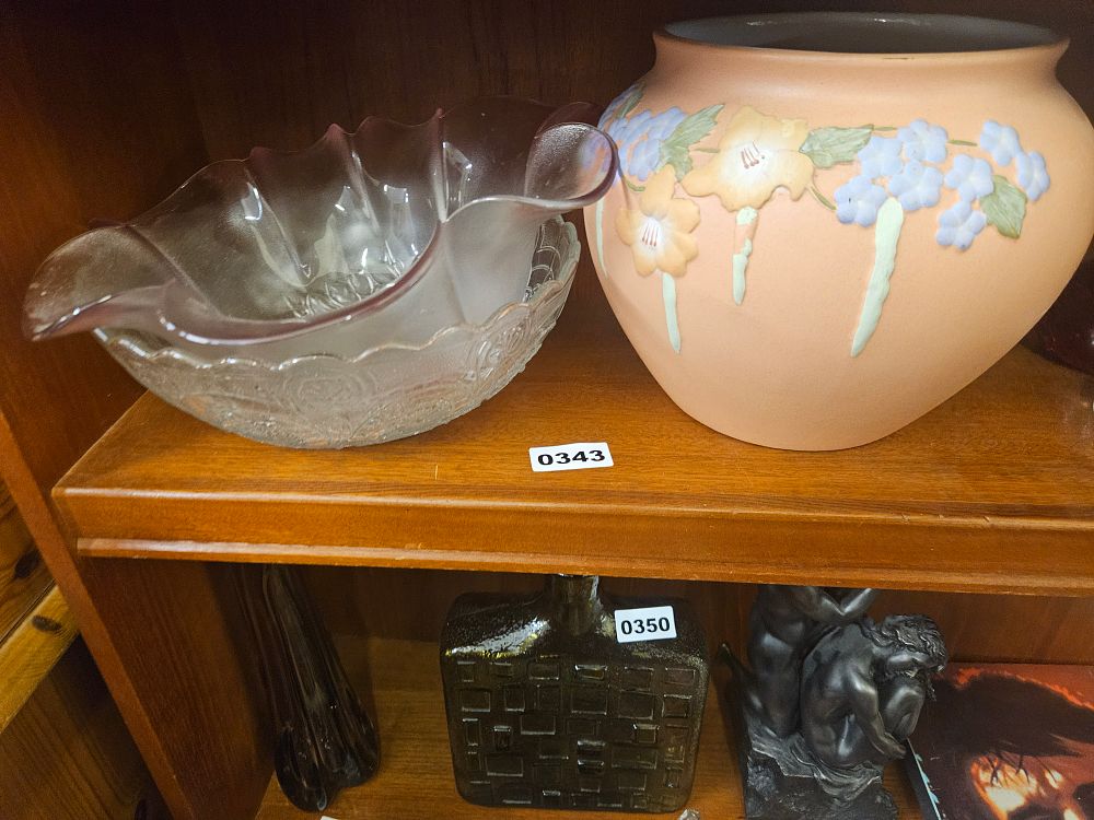 Lot 343 – A Trio of Decorative Items Including a Ceramic Vase Attributed to Roseville and Two Glass Bowls