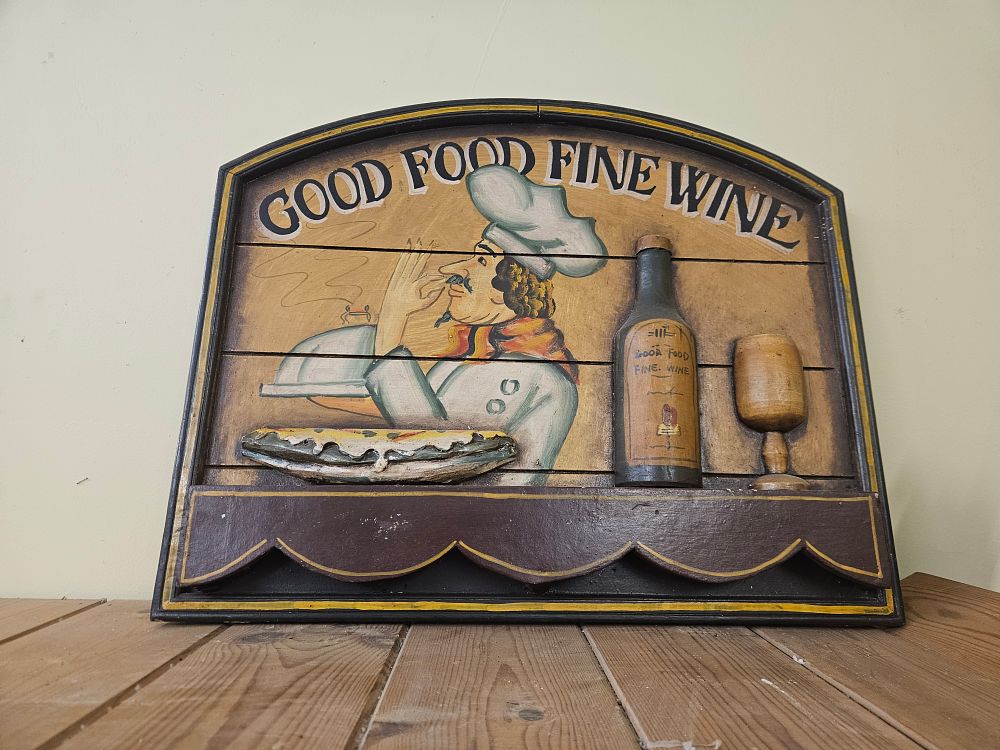 Lot 353 – Vintage Hand-Painted Three-Dimensional Relief Wooden Wall Plaque Good Food Fine Wine