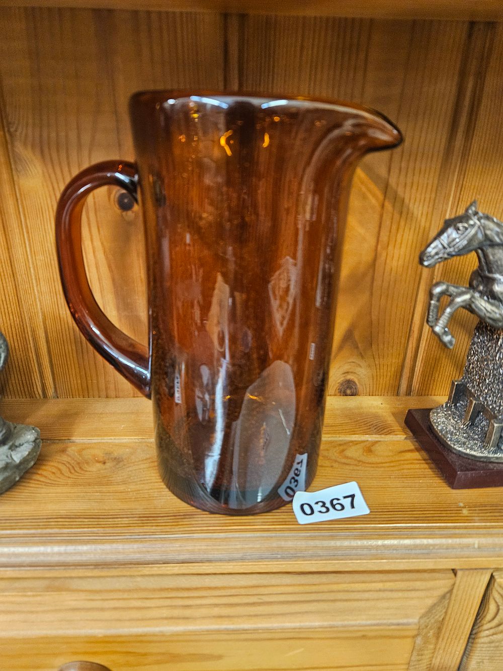 Lot 367 – Mid-century amber glass pitcher with pinched pouring spout