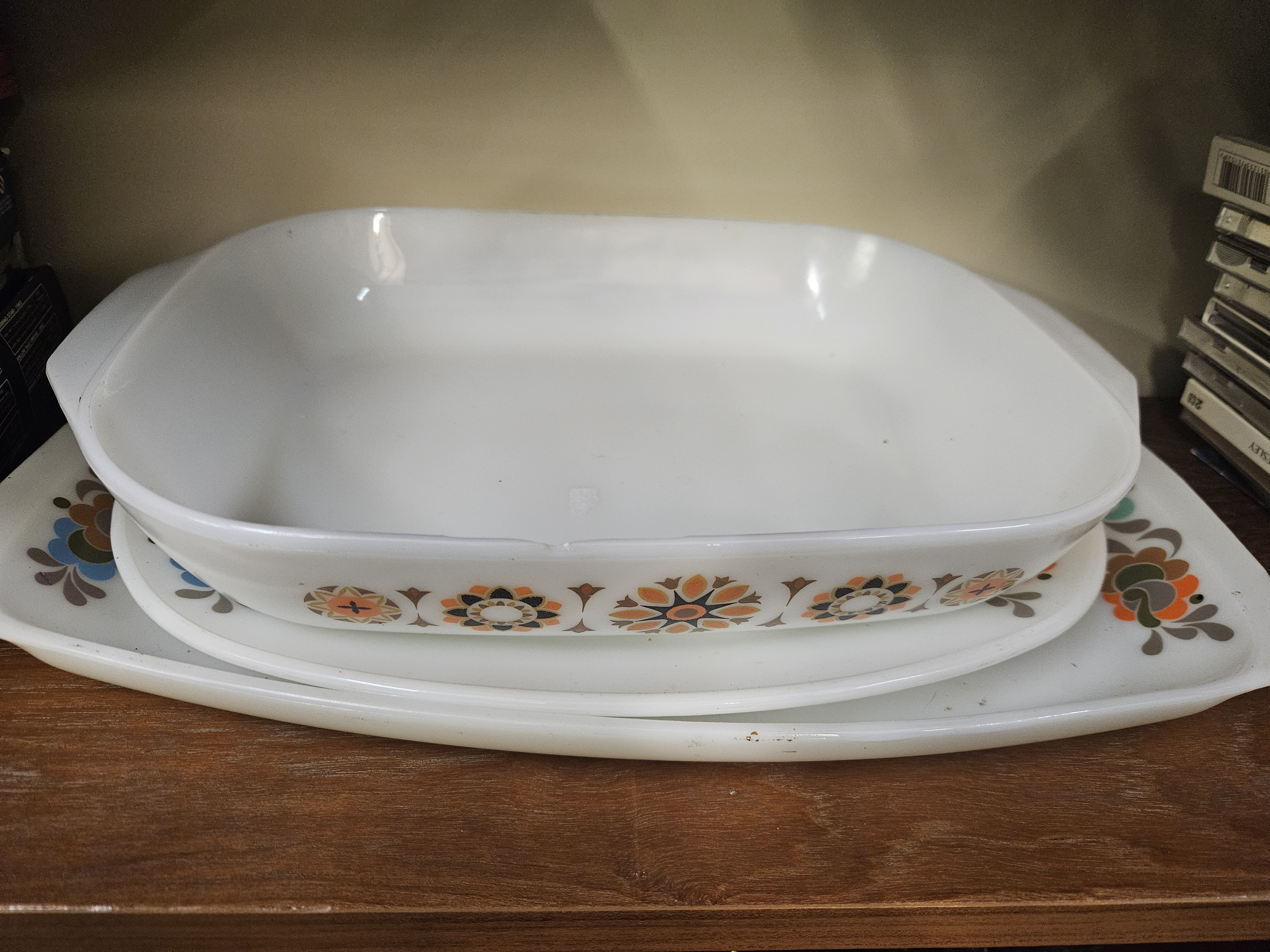 A Trio of Vintage White Milk Glass Ovenware in the Toledo Pattern