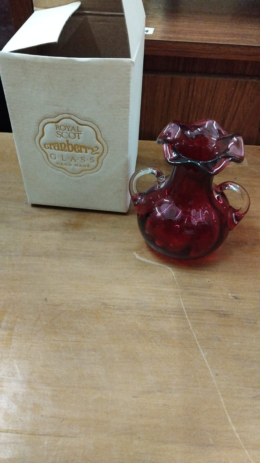 Lot 260 – A Royal Scot Hand-made Cranberry Glass Miniature Twin-handled Vase with Original Box