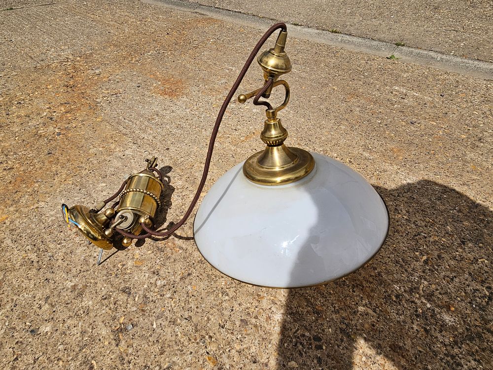 Lot 269 – A Vintage Brass Rise-and-Fall Pendant Light with White Opaline Glass Shade
