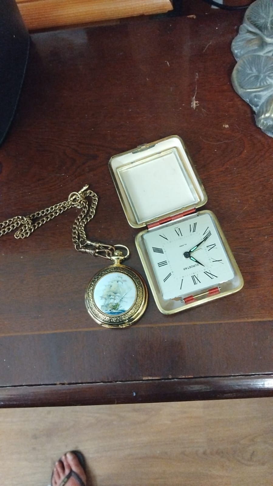 Lot 321 – Two Vintage Timepieces comprising a Eurostar Folding Travel Alarm Clock and a Hunter-Case Pocket Watch with Chain