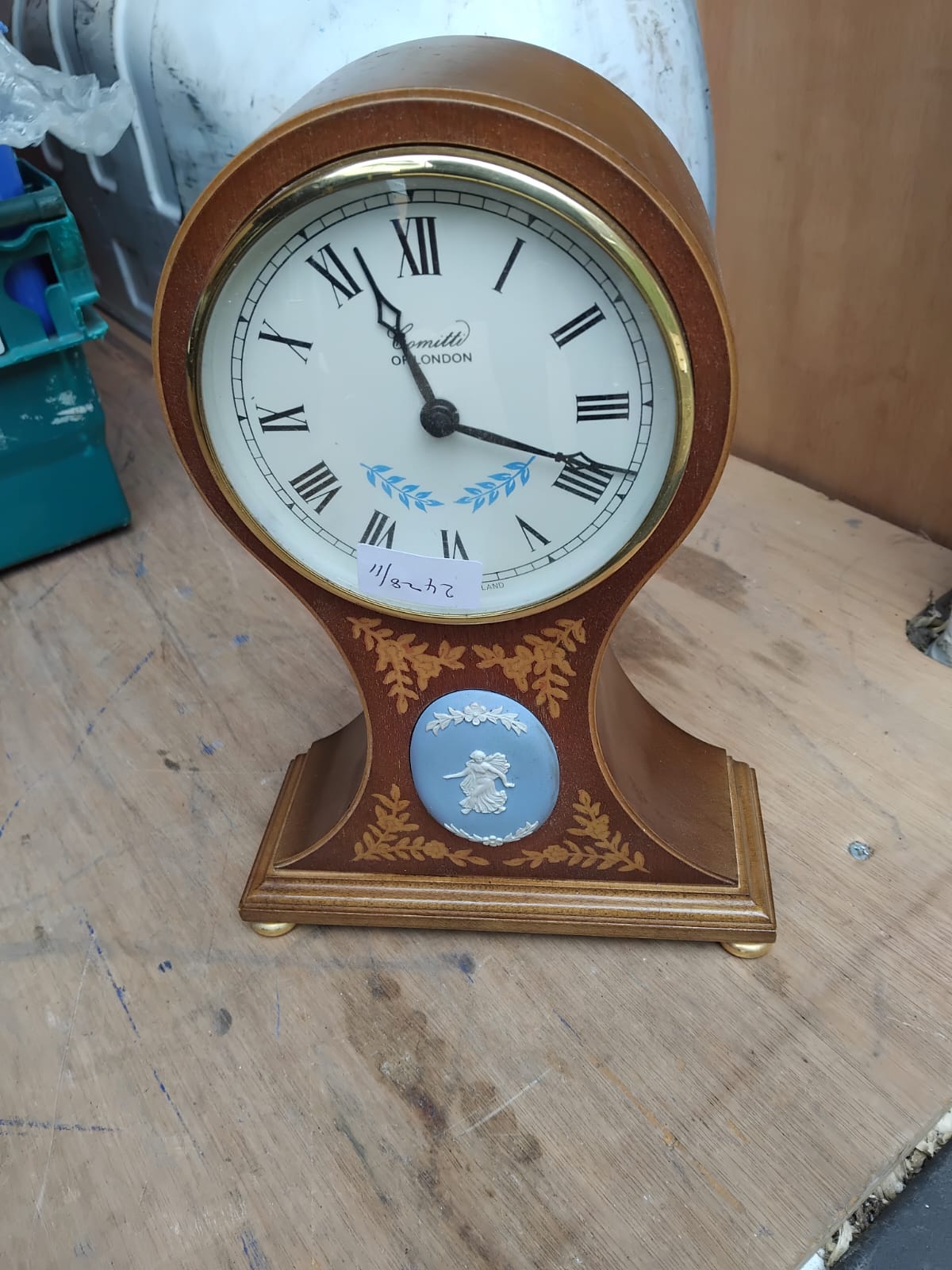 Comitti of London Mahogany Balloon Mantel Clock with Jasperware Plaque