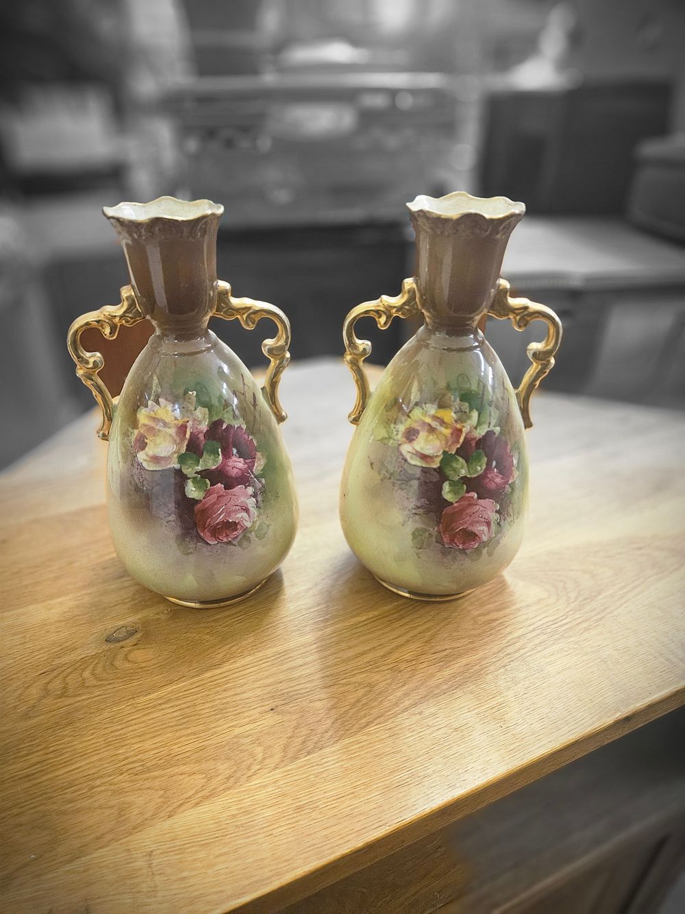 Lot 165 – A Pair of Late 19th or Early 20th Century Twin-Handled Porcelain Floral Vases