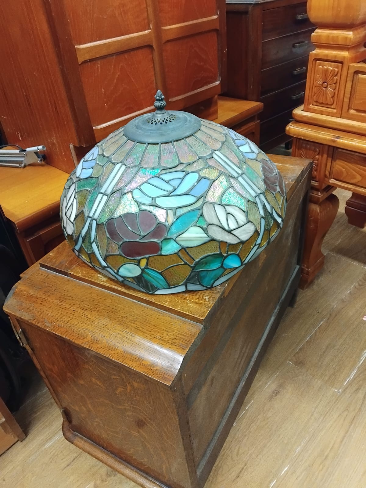 A Large Tiffany-Style Leaded Stained Glass Rose Motif Lampshade