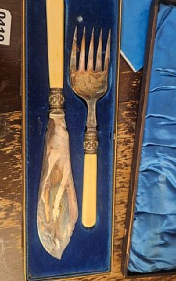 Antique British Silver-Plated Fish Serving Set with Bone-Effect Handles
