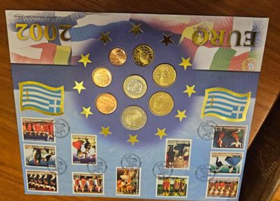 Lot 192 – GR 2002 Euro Coin and Stamp Set, Multi-Metal, KM# 181-188