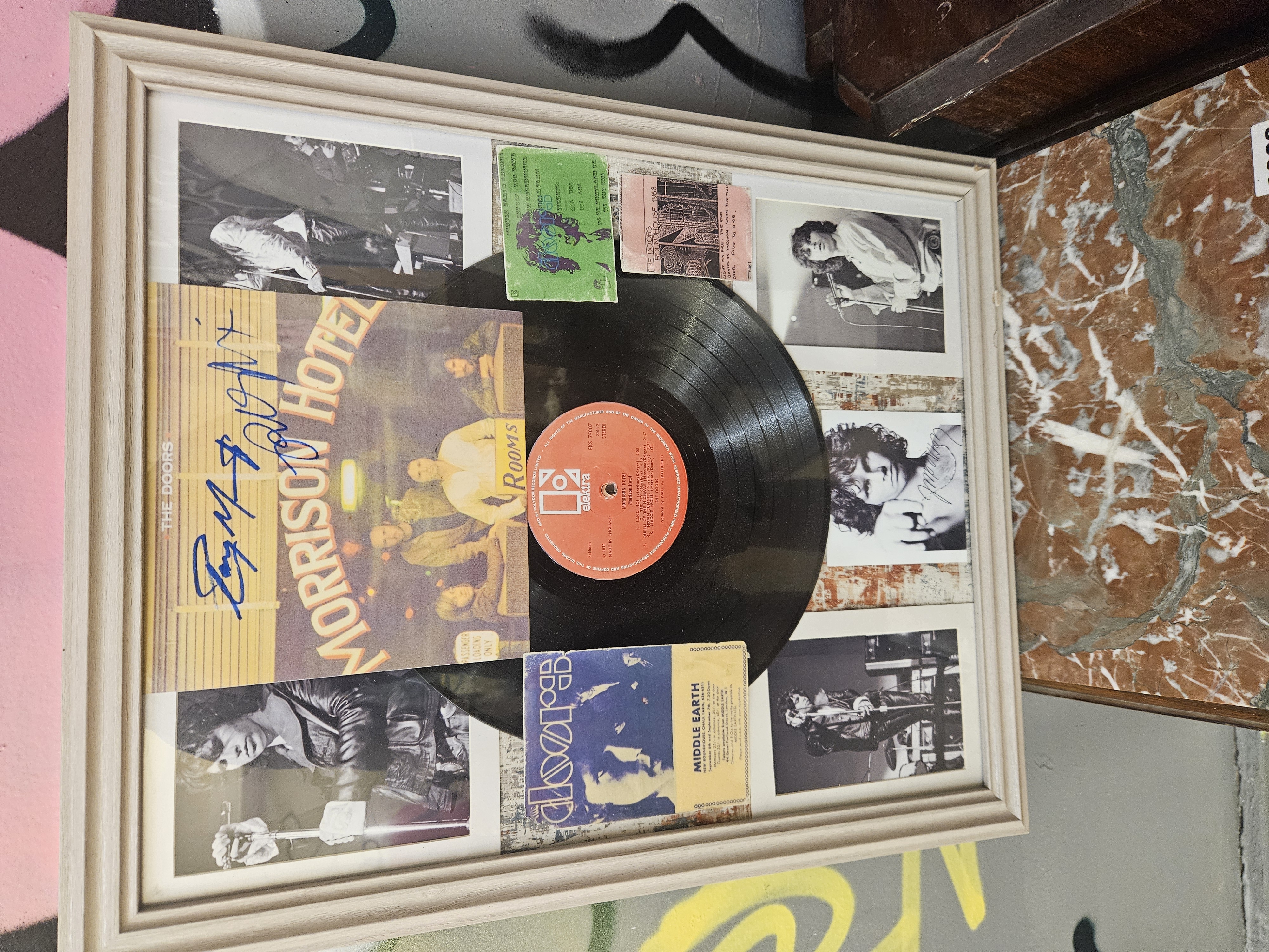 A Framed Collection of The Doors Memorabilia Featuring Signed Morrison Hotel Album Segment and Vinyl Record